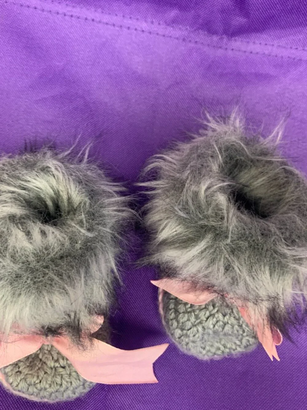 SHOES - Handmade crochet Baby girl Gray & pink faux fur booties Newborn